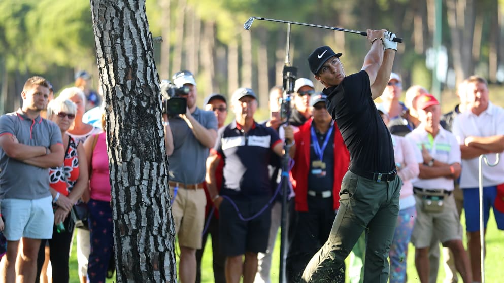 Thorbjørn Olesen - makes an amazing escape from the rough on the 17th hole on day two of the Turkish Airlines Open