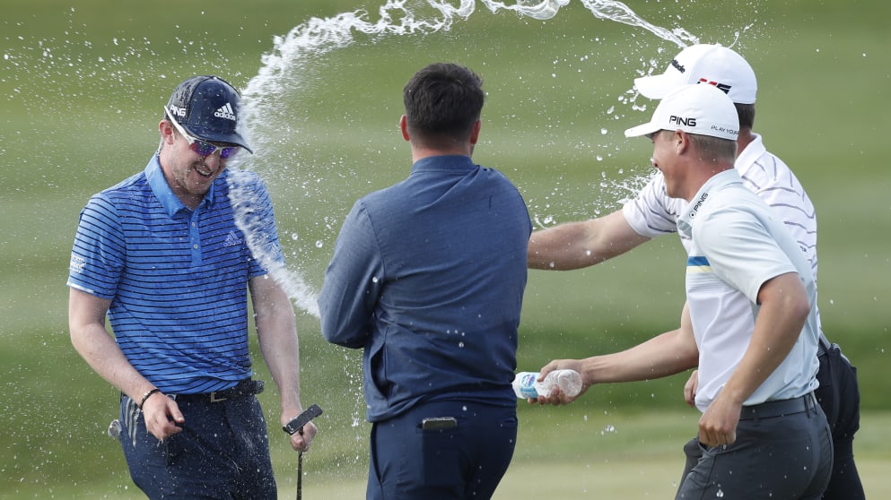 Connor Syme gets drenched after winning the Turkish Airlines Challenge 