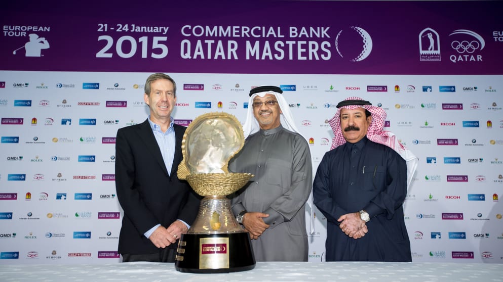 Keith Waters (left), Chief Operating Officer of The European Tour, Abdulla Saleh Al Raisi (centre), CEO of Commercial Bank, and Hassan Al Nuaimi (right), President of the Qatar Golf Association