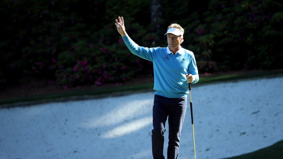Bernhard Langer - reacts to his birdie on the 13th hole during the third round of the 2016 Masters Tournament 