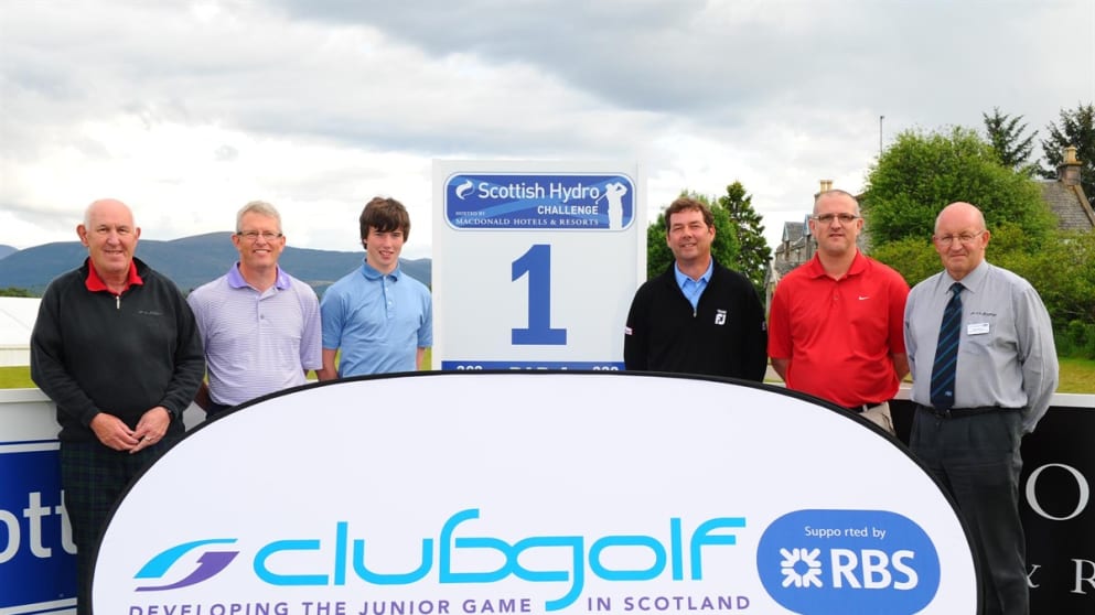 L to R:  Bill Miller, Chair ClubGolf Scotland Ltd.; Ken Nairn, Calum Nairn both Prestwick St Nicholas; Scott Henderson, Professional; Iain Dalling, Dumfries & Galloway; Willie MacKay, ClubGolf Regional Manager, Highlands & Islands.