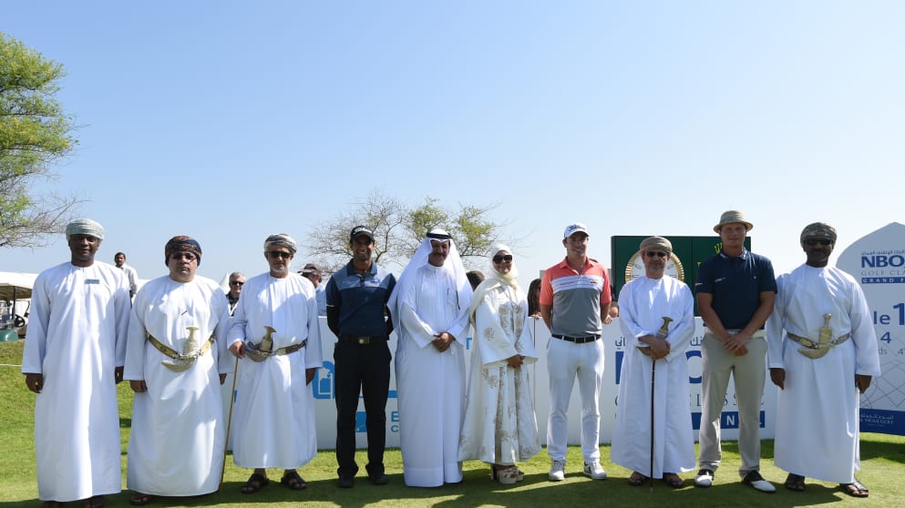 VIPs at the NBO Golf Classic Grand Final, including His Excellency Sultan bin Salem Al Habsi, pose with the leading Challenge Tour players