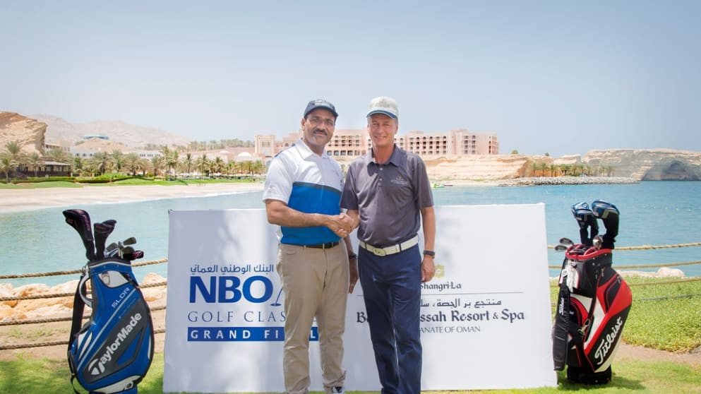 National Bank of Oman CEO Ahmed Al Musalmi (left) with Mark Kirk, General Manager Shangri-La Barr Al Jissah Resort & Spa at Almouj Golf The Wave in Muscat 