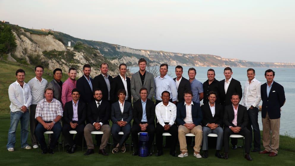 The 24-man field for the 2013 Volvo World Match Play Championship pose for a photograph during the Official Welcome Party at Thracian Cliffs