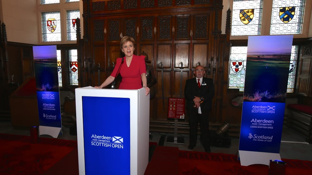 Nicola Sturgeon, First Minister of Scotland, addresses assembled guests in the Great Hall at Edinburgh Castle (Paul Severn - Severn Images Golf Photography)