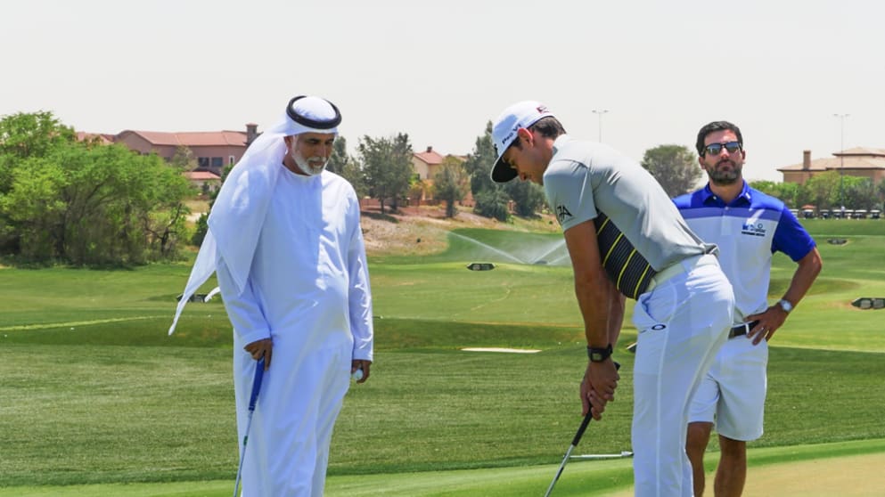 Rafa Cabrera Bello demonstrates a chip during a media day at Jumeirah Golf Estates, Dubai