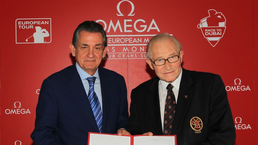 Omega President, Stephen Urquhart, and Gaston F. Barras, the President of the Omega European Masters Association