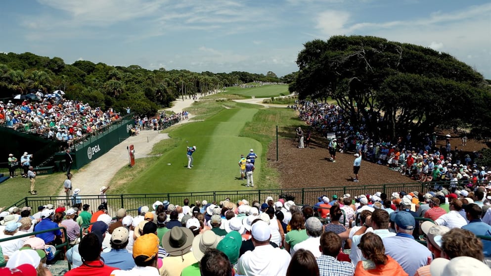 A view from the grandstand as Peter Hanson tees off the first on Saturday