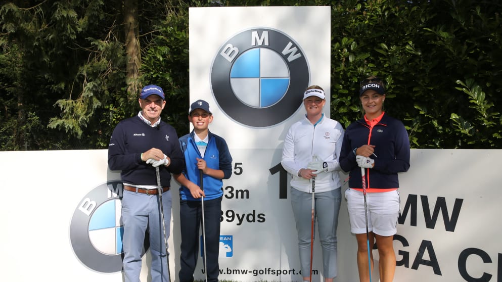 (L-R): Paul McGinley, Daniel Stafford, India Clyburn and Charley Hull all smiles on the 18th on the West Course at Wentworth Club ahead of the BMW PGA Championship