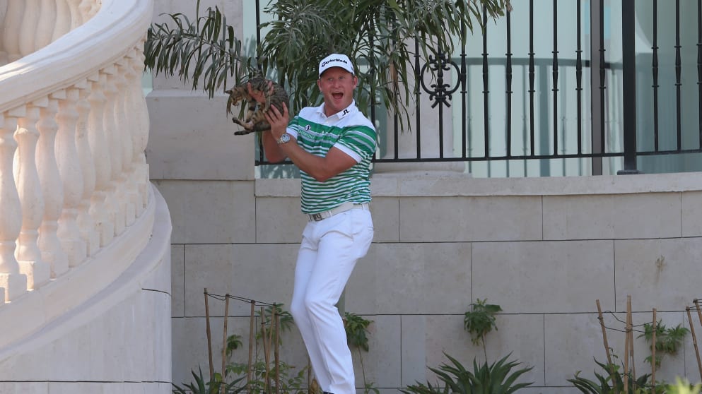 Jamie Donaldson rescues a cat at the 2014 DP World Tour Championship