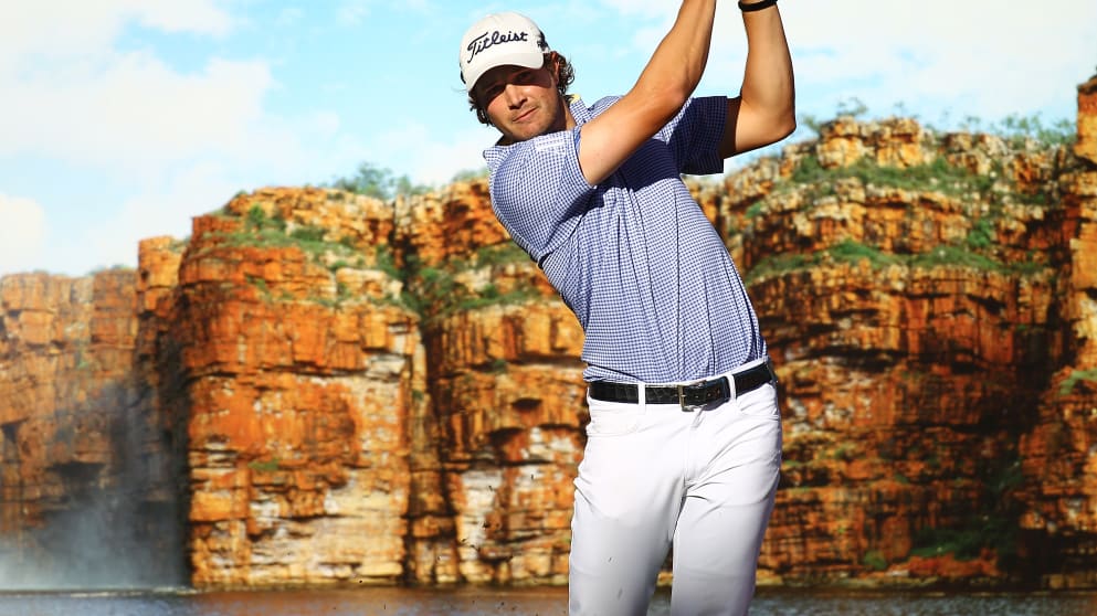 Peter Uihlein - watches his tee shot on the 18th hole during day one of the 2016 Perth International
