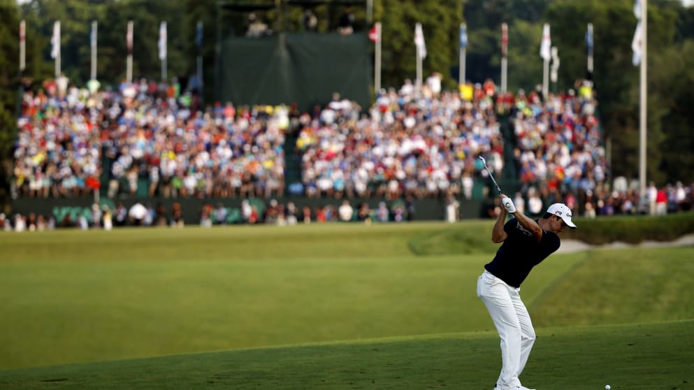 Justin Rose hits his incredible approach to the 18th at Merion