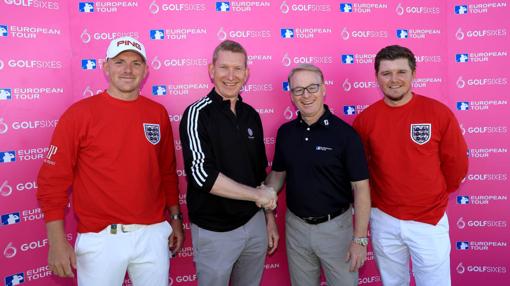 Nick Pink and Keith Pelley with the England team of Eddie Pepperell and Matt Wallace