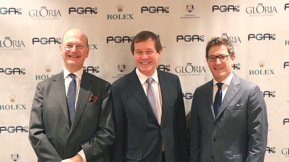The new Honorary President of the PGAs of Europe, George O'Grady (c), alongside the outgoing Honorary President Pierre Bechmann and PGAs of Europe CEO Ian Randell