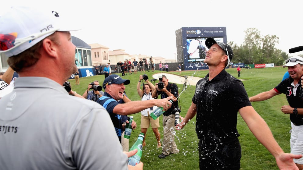 Henrik Stenson celebrates his 2013 success in Dubai