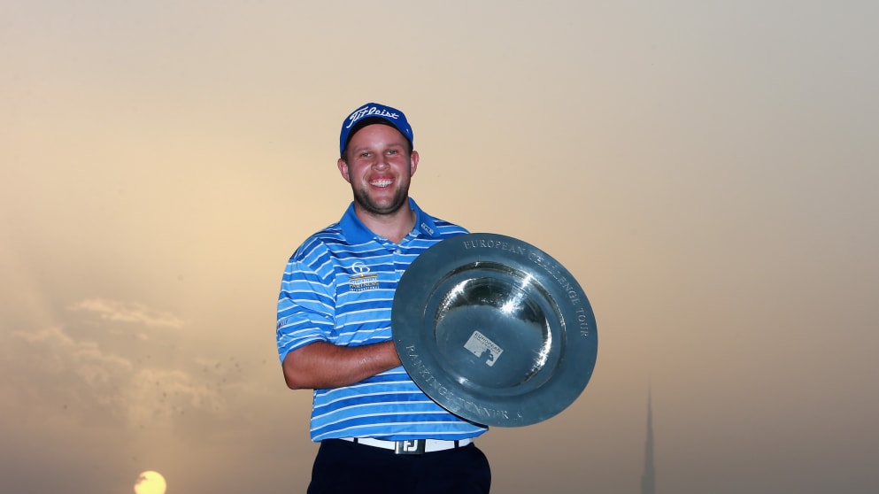 Andrew Johnson of England poses with the Challenge Tour Rankings trophy, November, 2014