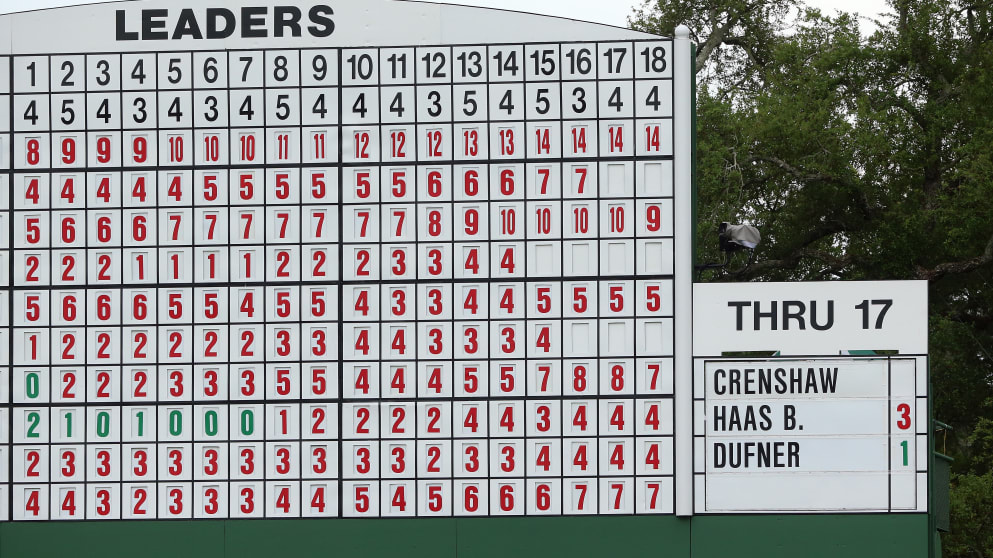 A leaderboard with the Ben Crenshaw group scores are seen near the 18th green during the second round of the 2015 Masters Tournament at Augusta National Golf Club 