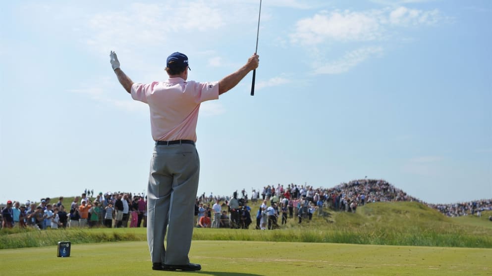 Tom Watson celebrates his ace