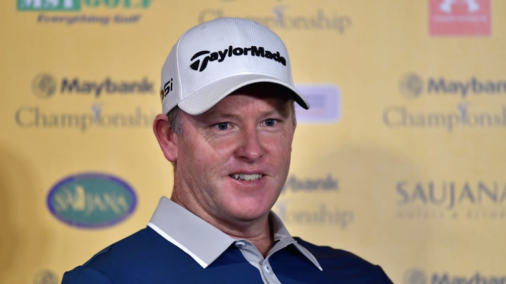 Defending champion Marcus Fraser talks with the media ahead of the Maybank Championship