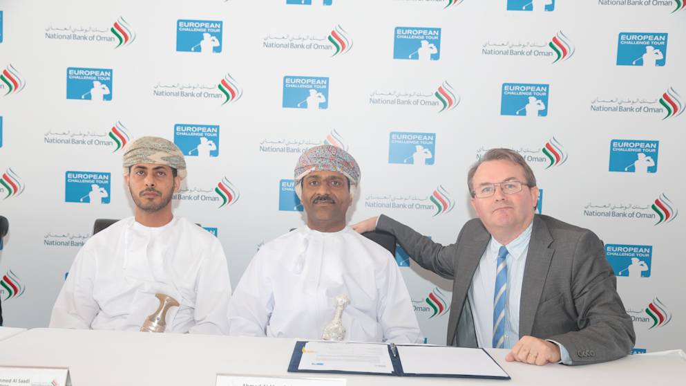 His Excellency Sheikh Saad bin Mohammed bin Said Al Mardhouf Al Saadi, Minister of Sports Affairs, National Bank of Oman CEO Ahmed Al Musalmi, and Nick Tarratt, Director European Tour International Dubai Office, sign the agreement for the NBO Golf Classic