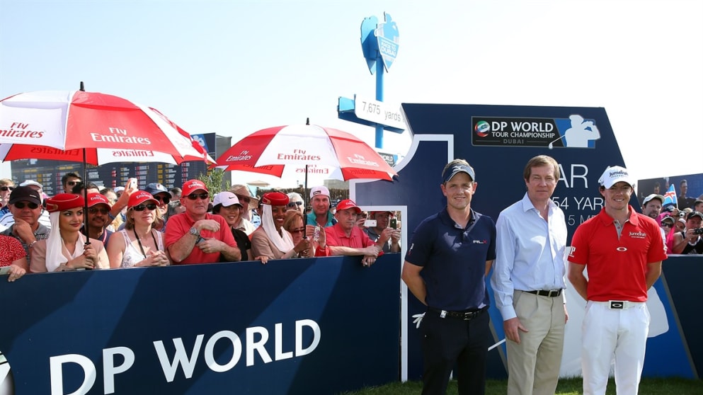 George O'Grady welcomes Rory McIlroy and Luke Donald on the first tee