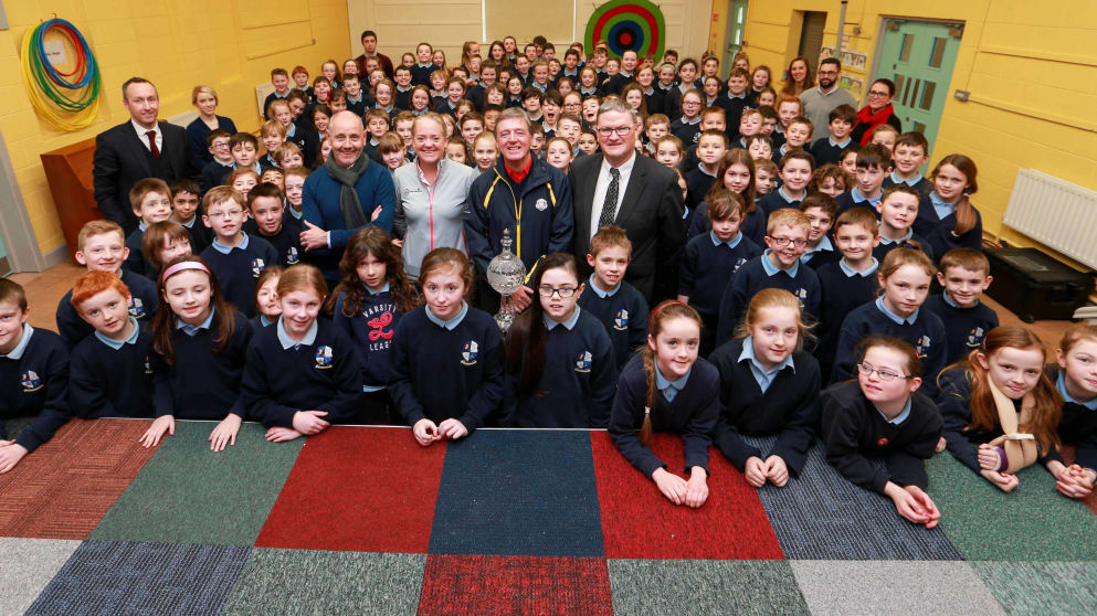 Brian McIlroy of the Rory Foundation, Antonia Beggs from The European Tour, Dubai Duty Free Golf Ambassador Des Smyth and Tom Walsh of Waterford Crystal to launch the Dubai Duty Free Irish Open Trophy Tour 2016