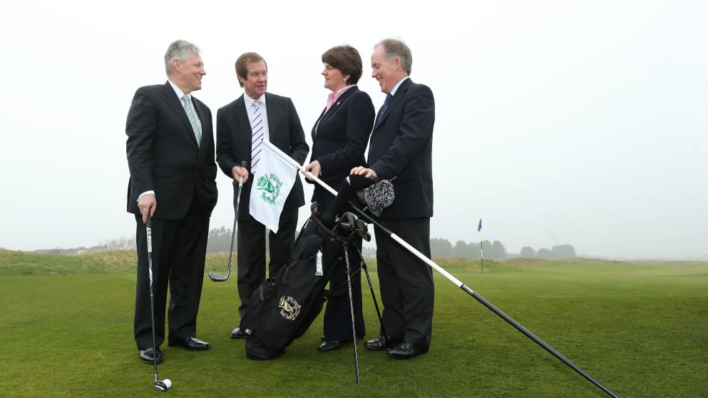 (L-R)  First Minister the Rt. Hon. Peter D Robinson, MLA, George O’Grady, Chief Executive of The European Tour, Enterprise, Trade and Investment Minister Arlene Foster, Dr Peter Brown, Captain of Royal County Down Golf Club