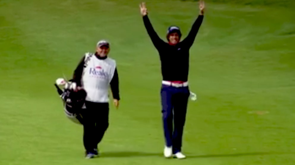 Nacho Elvira celebrates his albatross en route to winning the 2015 Challenge de Madrid