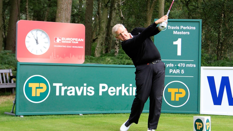 Colin Montgomerie tees off during the Pro-Am ahead of the first round of the Travis Perkins Masters played on the Duke's Course, Woburn 