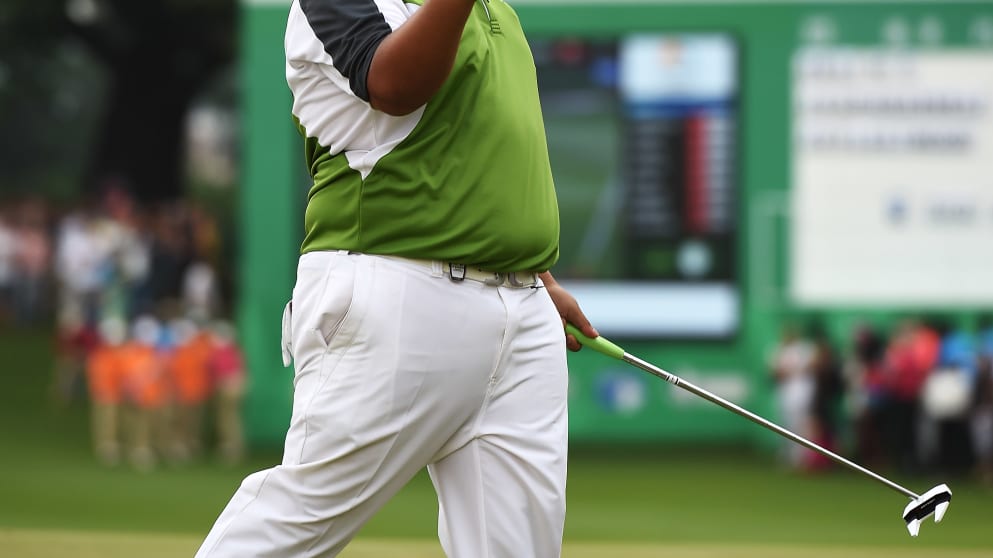 Kiradech Aphibarnrat - celebrates his winning putt at the Shenzhen International