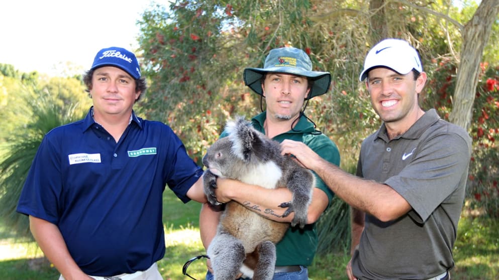 Jason Dufner and Charl Schwartzel  with Sunshine the Koala and David Thorne (SMP Images)