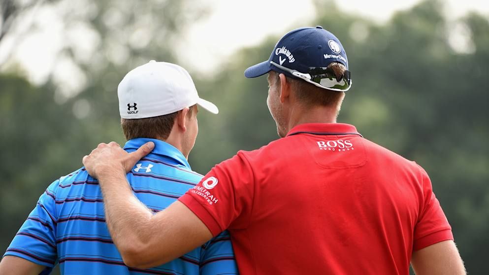 Jordan Spieth and Henrik Stenson on the 15th green during the first round of the WGC - HSBC Champions 