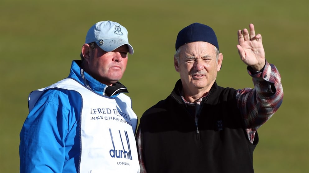 Hollywood actor Bill Murray with his caddie on the second hole at Carnoustie