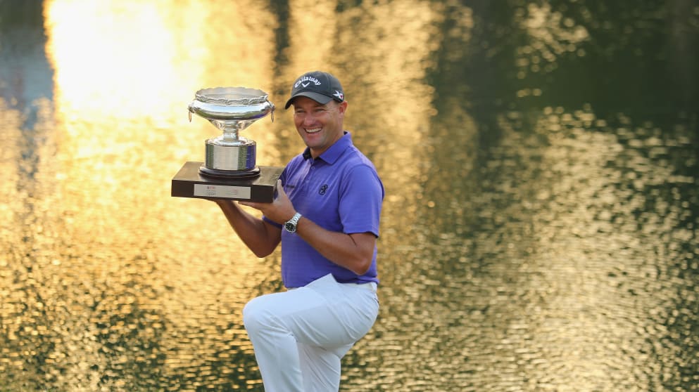 Sam Brazel celebrates with the UBS Hong Kong Open trophy