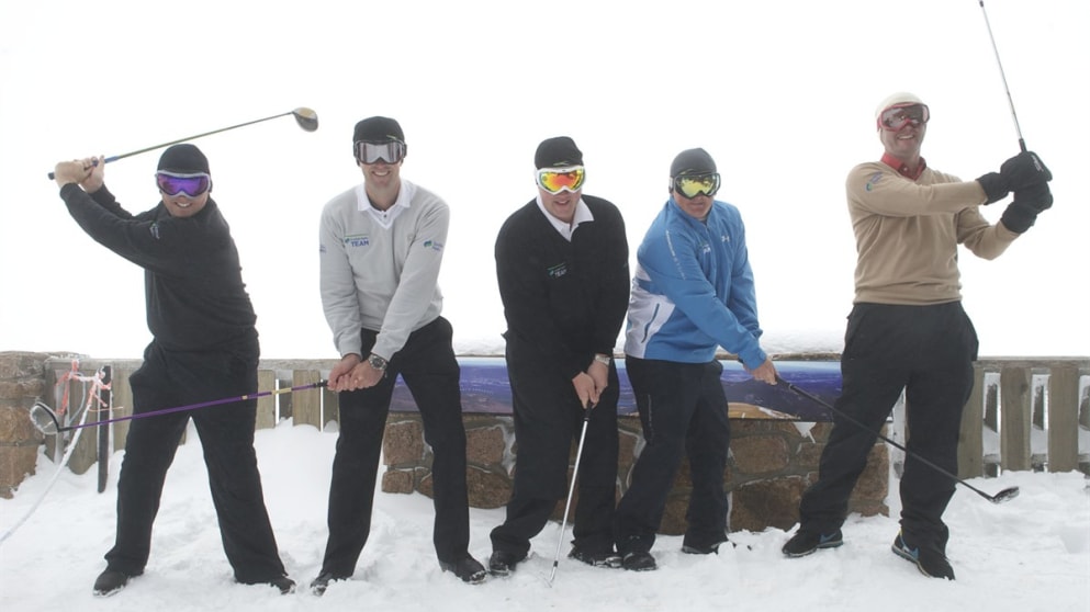 Team Scottish Hydro players Jamie McLeary, Jack Doherty, Chris Doak, Callum Macaulay and Andrew McArthur at the Scottish Hydro Challenge hosted by Macdonald Hotels and Resorts announcement at the top of the CairnGorm Mountain.