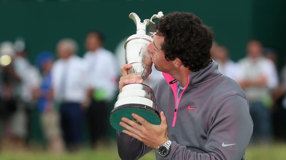 Rory McIlroy kisses the Claret Jug after his two-stroke victory at The 143rd Open Championship at Royal Liverpool