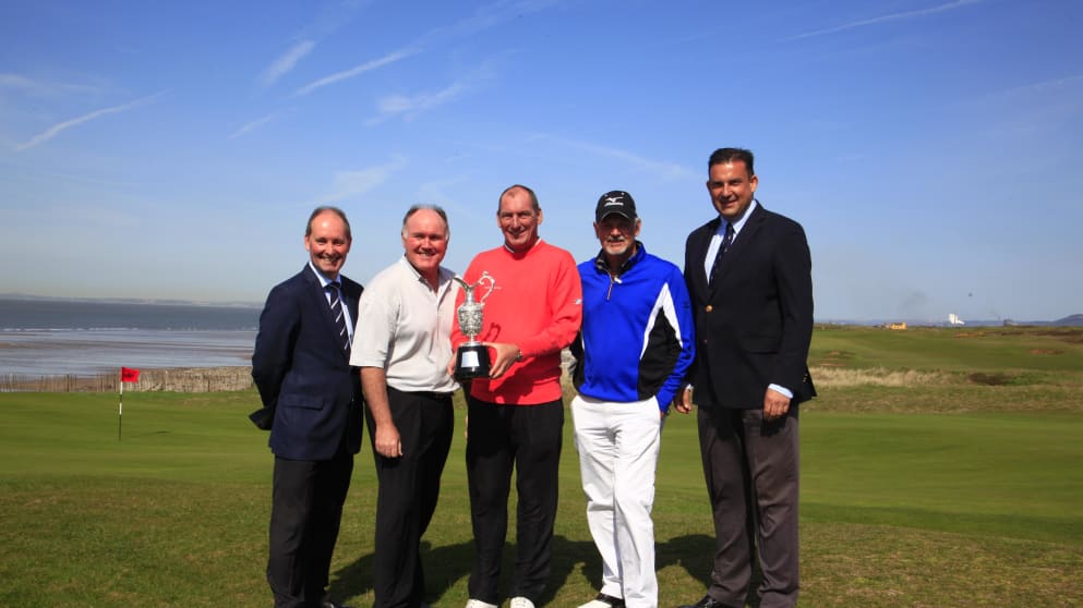 Andy Stubbs, Managing Director of the European Senior Tour, Ronan Rafferty, Mark Mouland, Gordon Brand Jnr, Martin Ebert from the R&A at Royal Porthcawl for the Senior Open Championship Presented by Rolex Media and Sponsors’ day (Phil Inglis)
