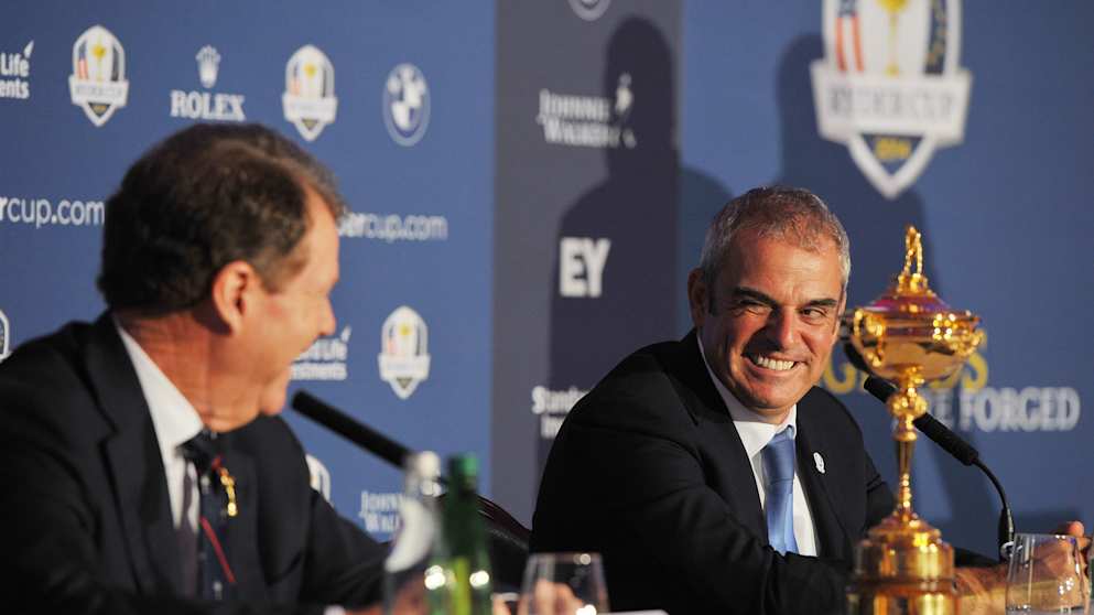 European Captain Paul McGinley and USA Captain Tom Watson 