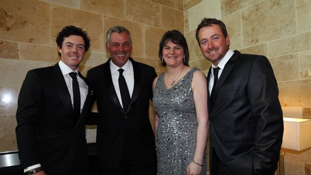 (L-R) Rory McIlroy, Darren Clarke, Arlene Foster, Sports Minister for Northern Ireland, and Graeme McDowell