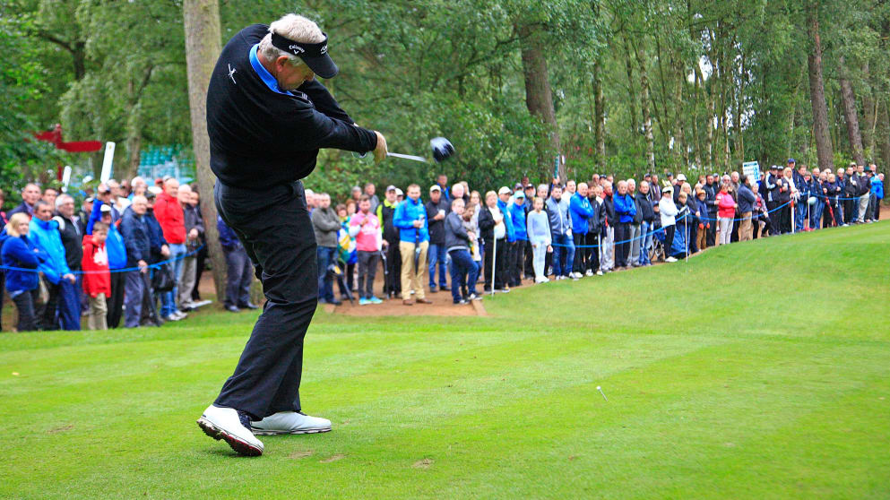 Colin Montgomerie of Scotland in action on the 1st tee during the second round of the Travis Perkins Masters