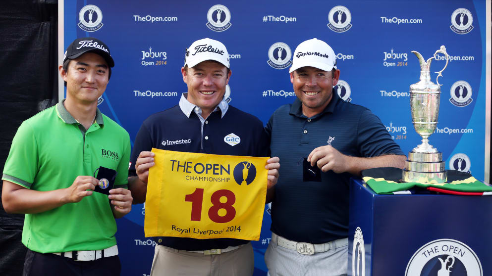 (L-R) Jin Jeong, Joburg Open Champion George Coetzee and Justin Walters with their medals after Qualifying for The Open