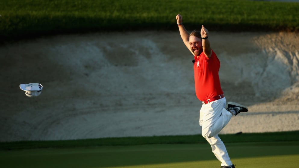 Andy Sullivan - celebrates winning the Dude Perfect All Sports Challenge