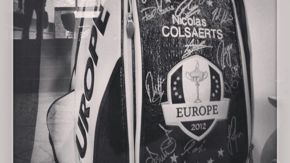 The Ryder Cup bag of Nicolas Colsaerts takes pride of place at his home club of Royal Waterloo Golf Club during the Telenet Trophy