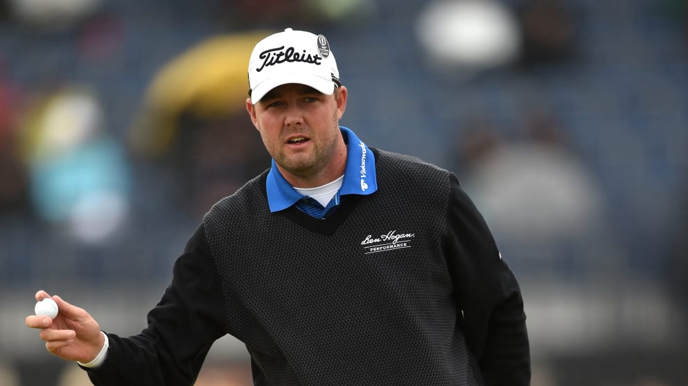 Marc Leishman celebrates a birdie on the 3rd green 