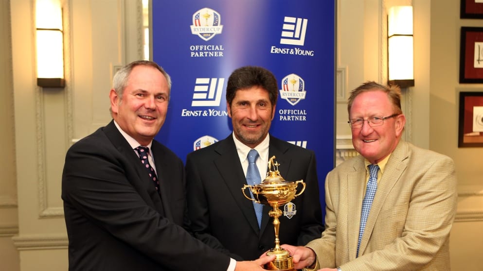 Jim Bishop, Ernst & Young’s senior partner, Scotland, with Captain José María Olazábal and Ryder Cup Director Richard Hills