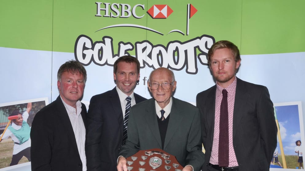 Hugh Wickham (second right) presents the Wickham Shield to the PGA team, which was made up of Robert Maxfield, team professional David Griffiths, Paul Robertson and Steve Thorp