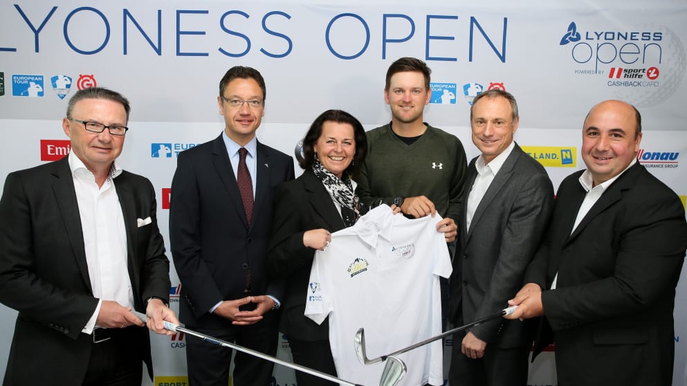 Bernd Wiesberger (middle) attends the Lyoness Open announcement 