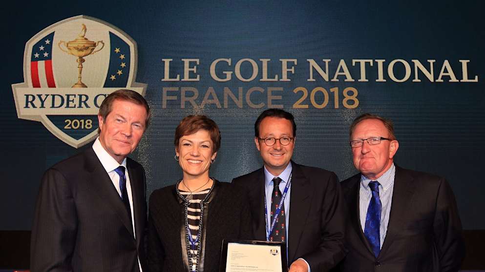 Pascal Grizot and Chantal Jouanno, the French Minister for Sport receive the official invitation to hold the 2018 Ryder Cup
