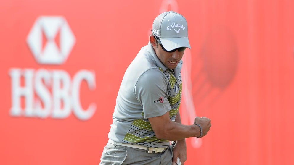 Pablo Larrazabal celebrates winning the Abu Dhabi HSBC Championship