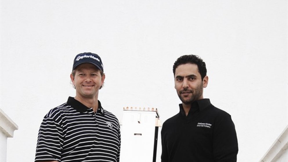 Abdullah Al Naboodah presents Retief Goosen with the trophy after the two-times US Open Champion had won the 2011 Emirates Airline Invitational Hosted by Abdullah Al Naboodah at Yas Links Golf Club, Abu Dhabi, in January.